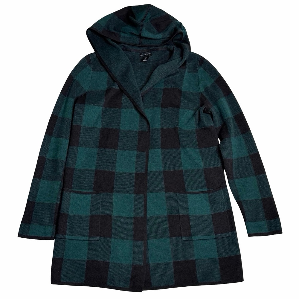 Adrienne Vittadini Buffalo Plaid Hooded Cardigan‎ Sweater Green & Black Sz L